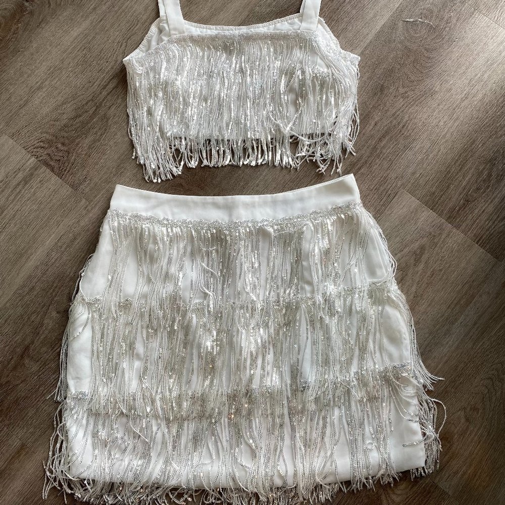 Vici White Sequin Fringe Matching Top & Skirt *Eras Tour*